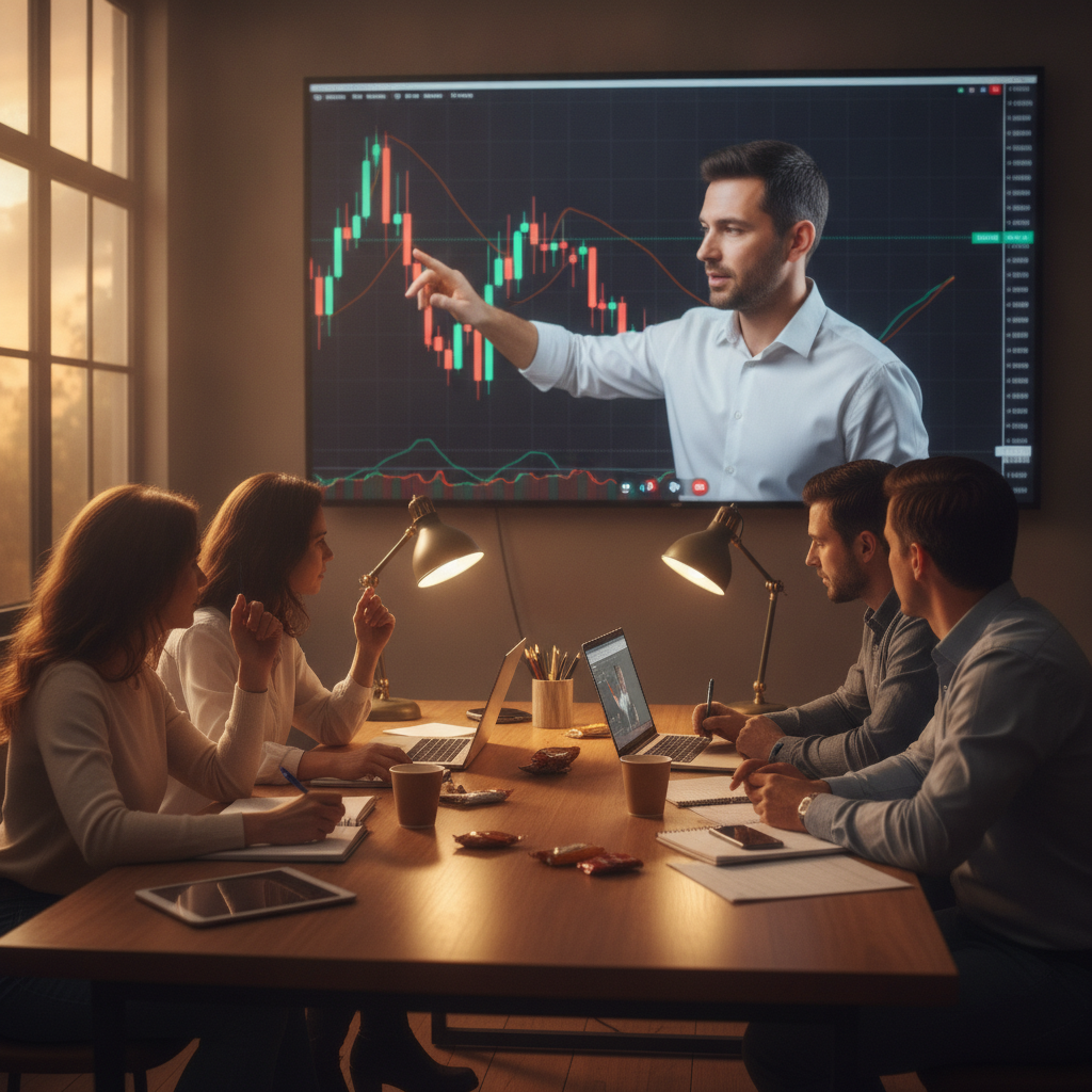Group attending a live online trading class with charts and guided discussion at Proxima Learning
