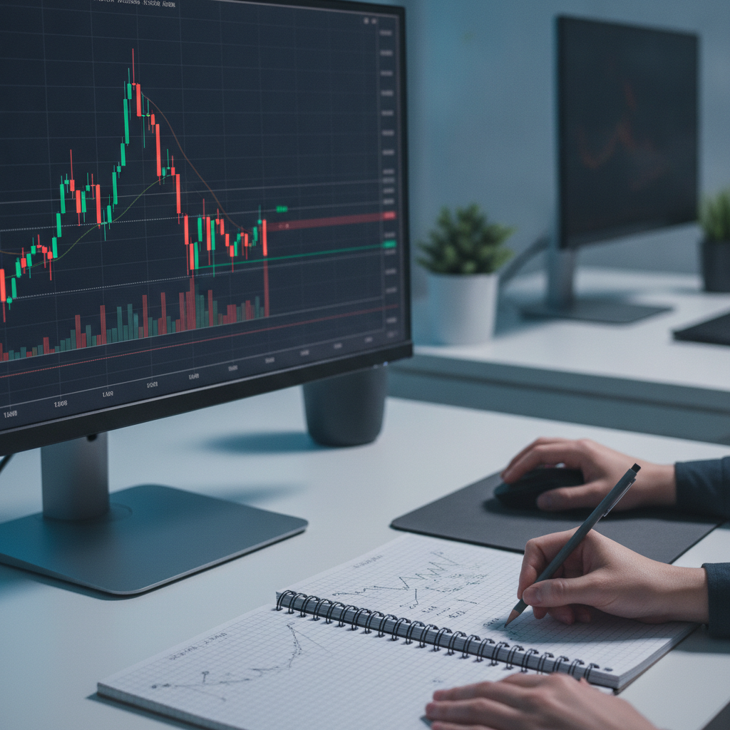 Close-up candlestick chart and risk–reward notes used in Proxima Learning stock trading courses