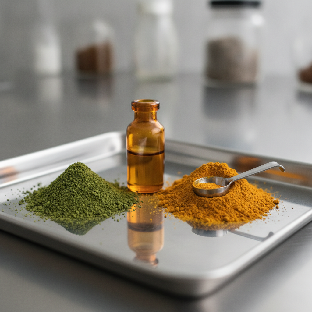 Close-up quality control of botanical extracts for nutraceutical ingredient sourcing with standardized markers and clean-label focus
