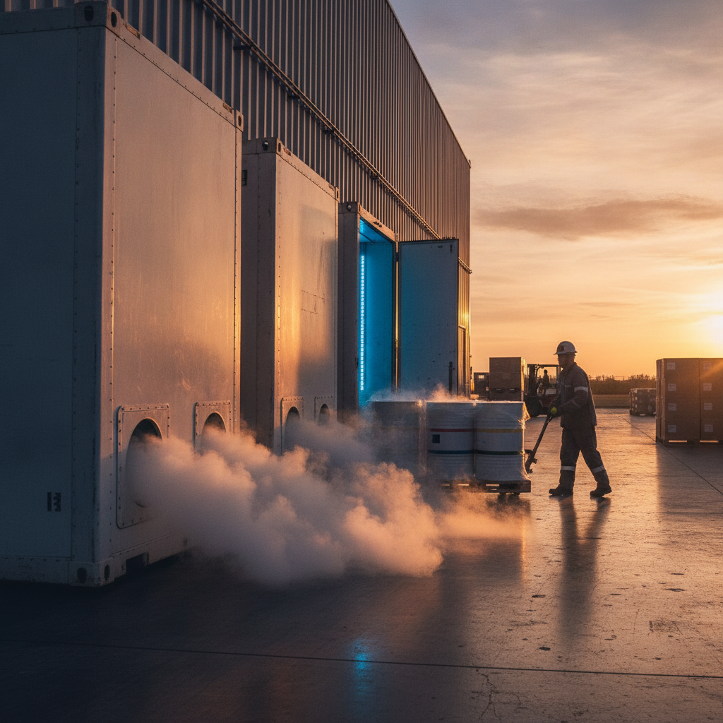 Cold-chain logistics for nutraceutical ingredient sourcing with insulated containers and dry ice vapor at a loading dock