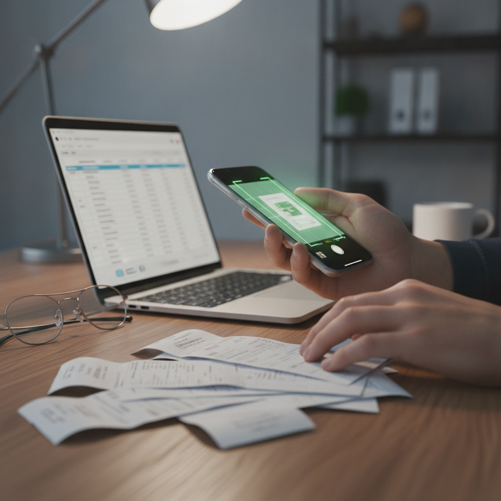 Detail view of online bookkeeping workflow for small business with receipt scanning and bank reconciliation aligned to BAS and STP