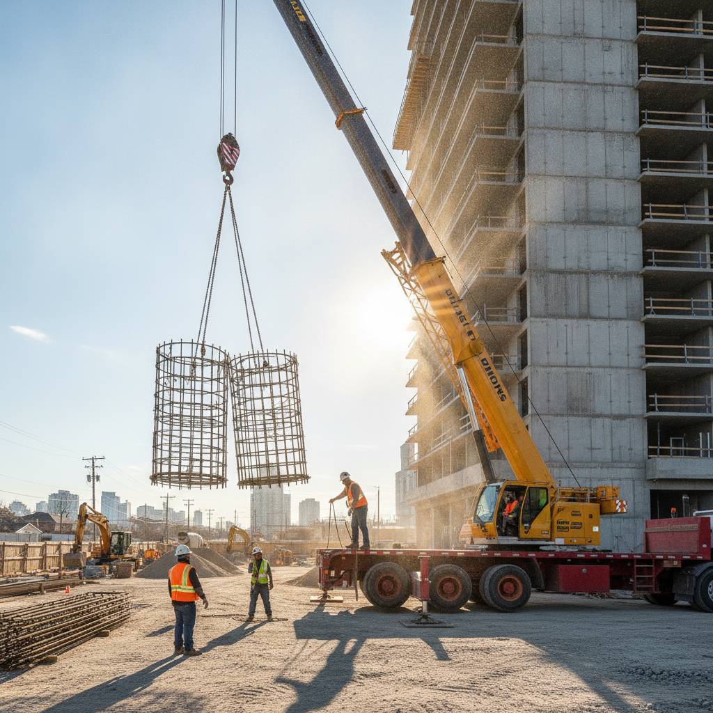 Flatbed delivery with prefabricated rebar column cages being hoisted by a crane at an urban Woodbridge jobsite