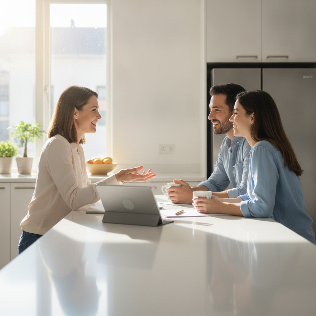 Brampton real estate consultation at a bright kitchen island reviewing a seller report and valuation