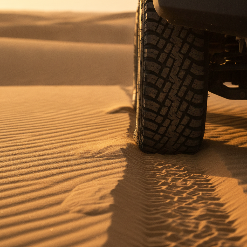 Dubai group tours desert safari detail: close-up of 4x4 tire tracks on golden dunes at sunset