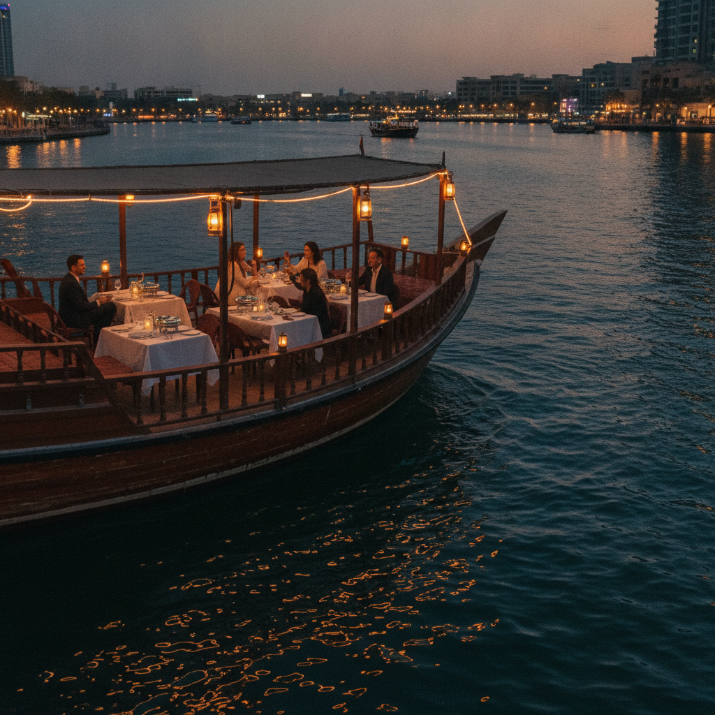Dubai group tours dhow cruise: small group dining on Dubai Creek with skyline lights at twilight