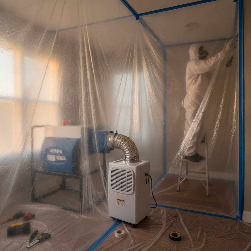 Containment with HEPA negative air and dehumidifier running during drywall mold cleanup
