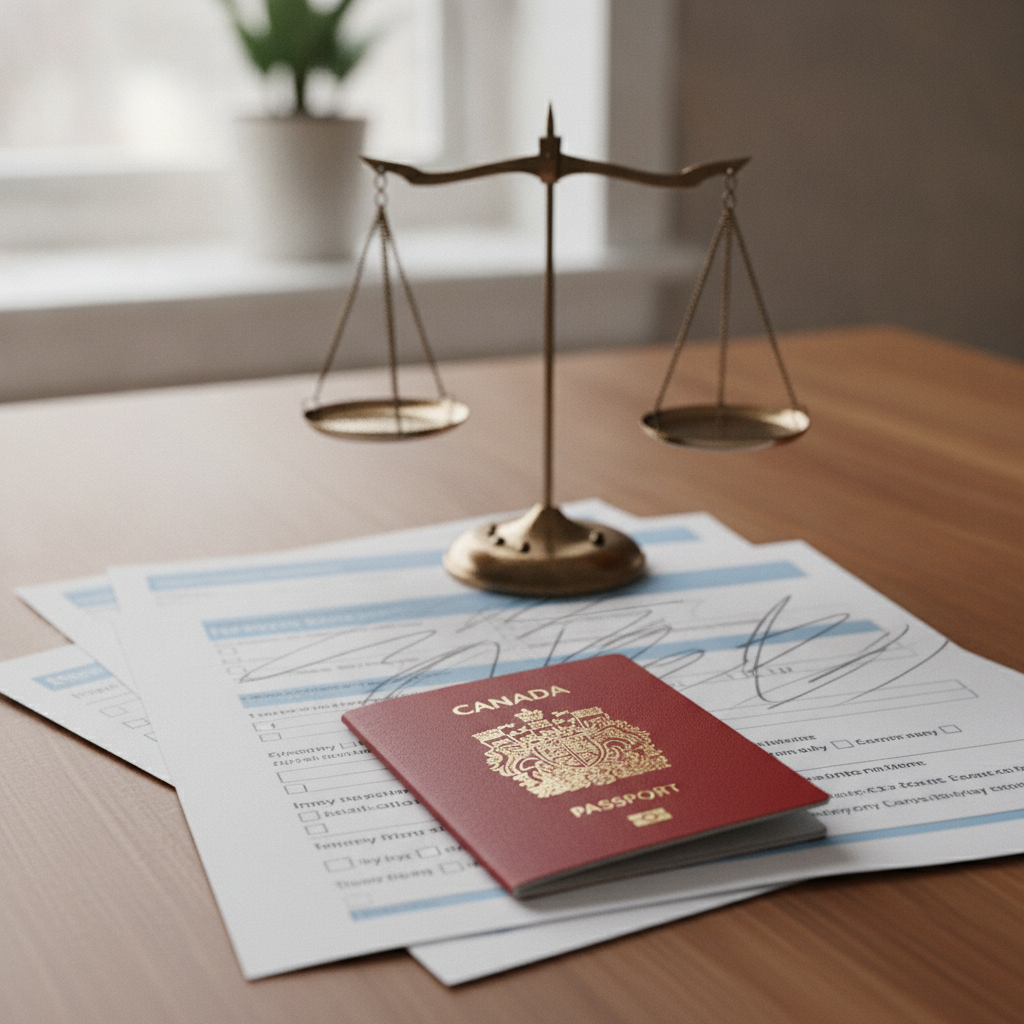 Close-up of Canadian passport and immigration forms beside scales of justice for Ontario filings