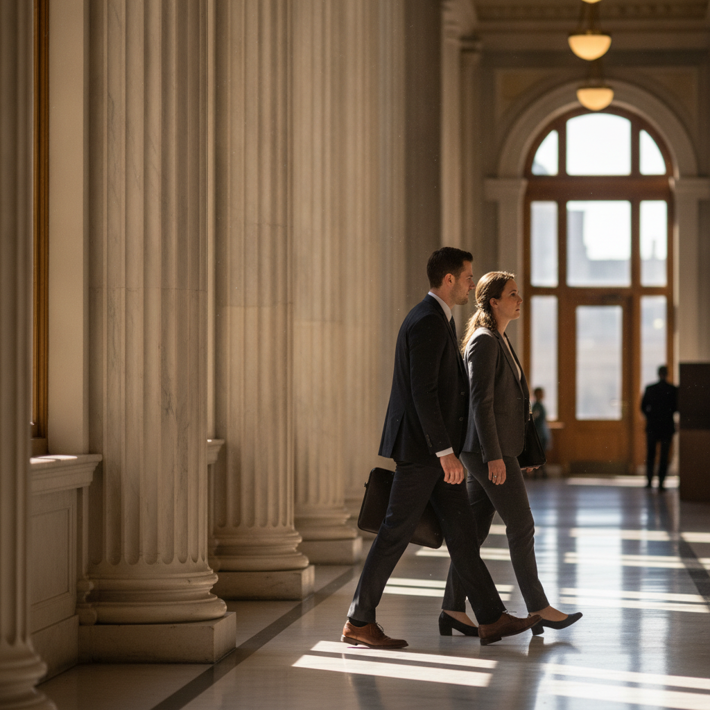 Lawyer and client walking through an Ontario courthouse hallway for judicial review readiness