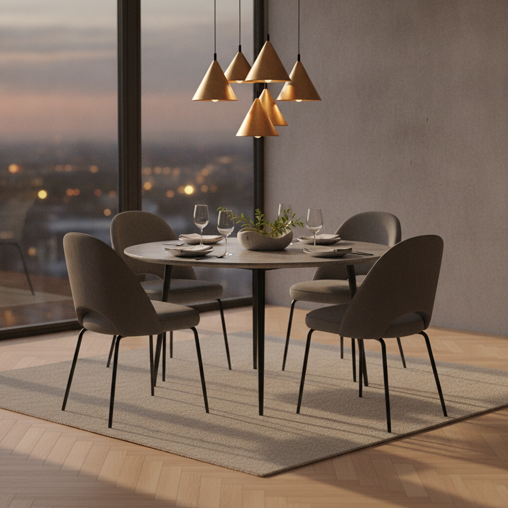 Side-angle scene of a modern dining area with round stone table, upholstered chairs, and warm pendant lighting for a cohesive modern dining table set