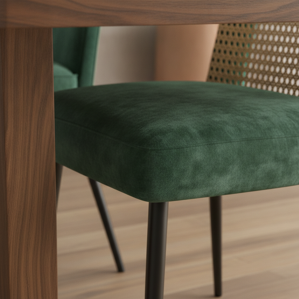 Detail of modern dining chair materials: cane backrest, velvet seat, and metal legs beside a wood tabletop for a modern dining table set