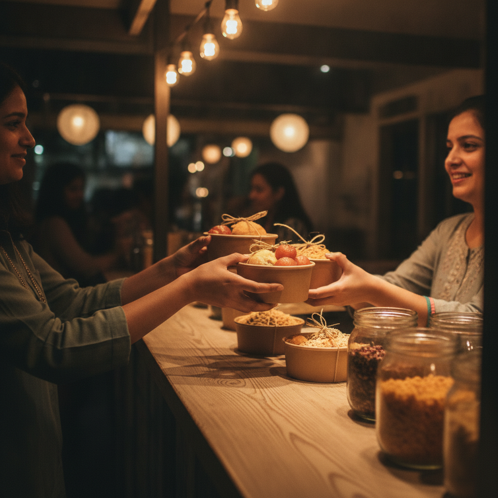 Brampton customer receiving mithai and chaats to‑go, neat packaging and quick pickup at a Punjabi sweets shop
