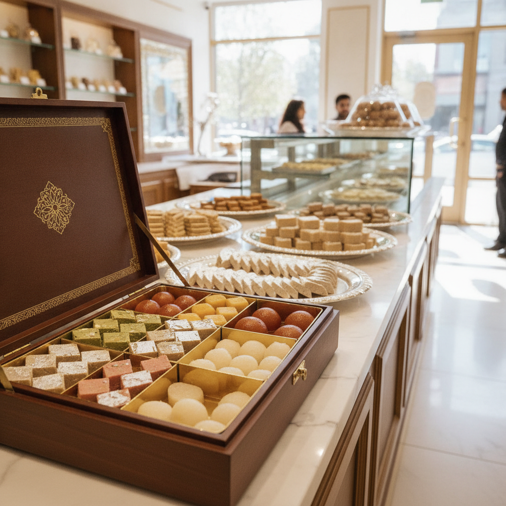 Punjabi sweets shop display in Brampton with premium mithai, gift boxes, and desi ghee confections