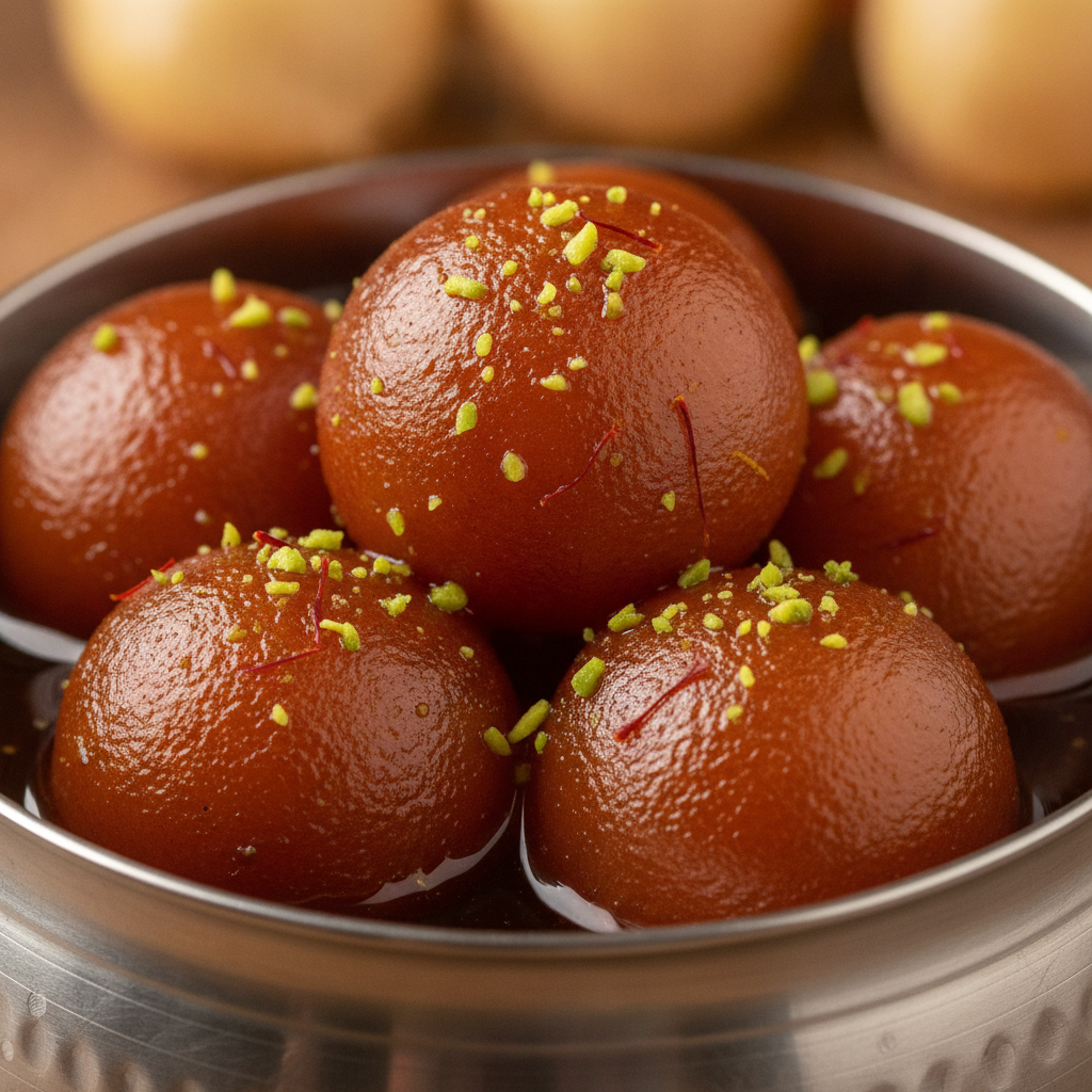 Close‑up gulab jamun in syrup, saffron and pistachio garnish, classic Punjabi sweets shop detail