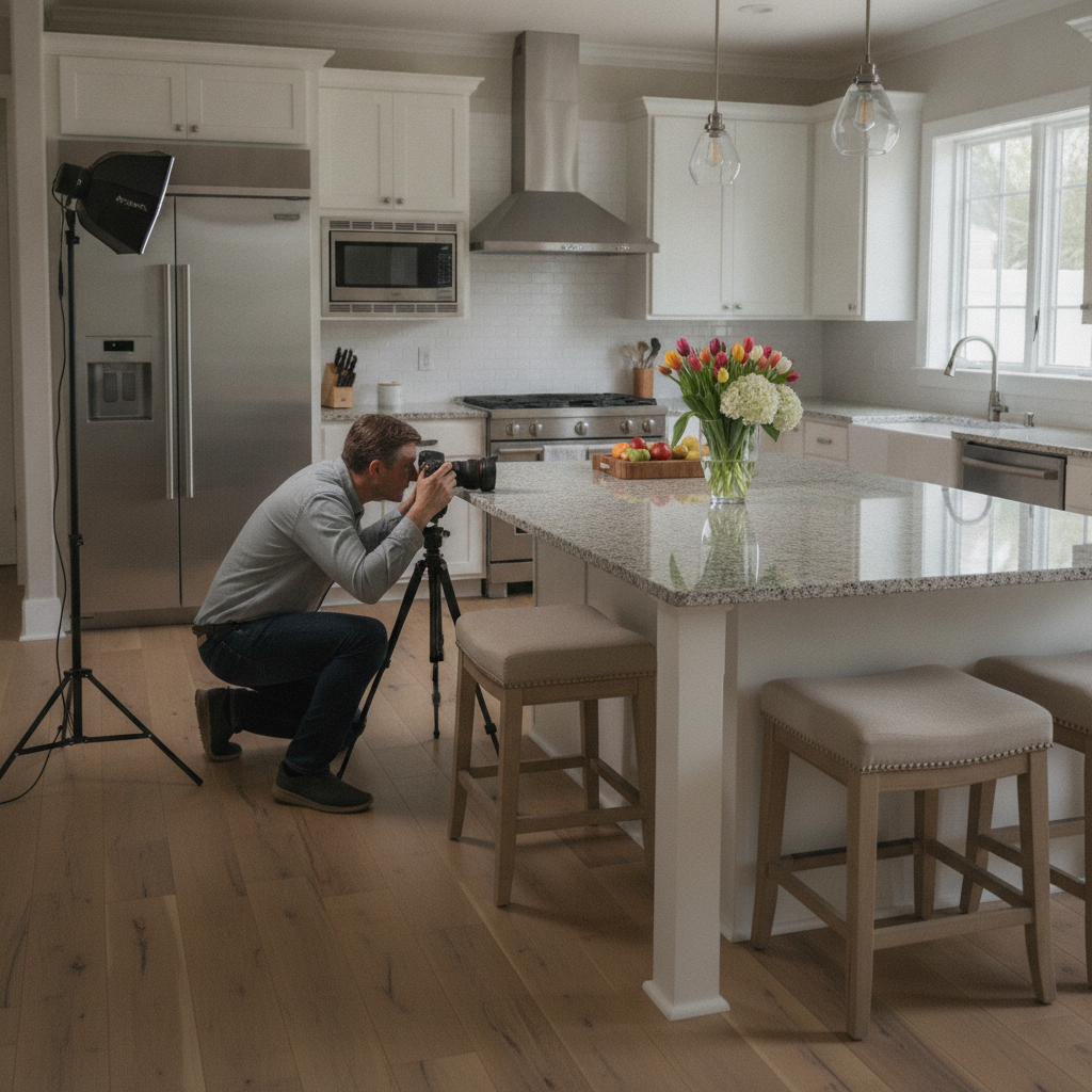 Real estate photographer capturing a staged kitchen for a listing agent near me