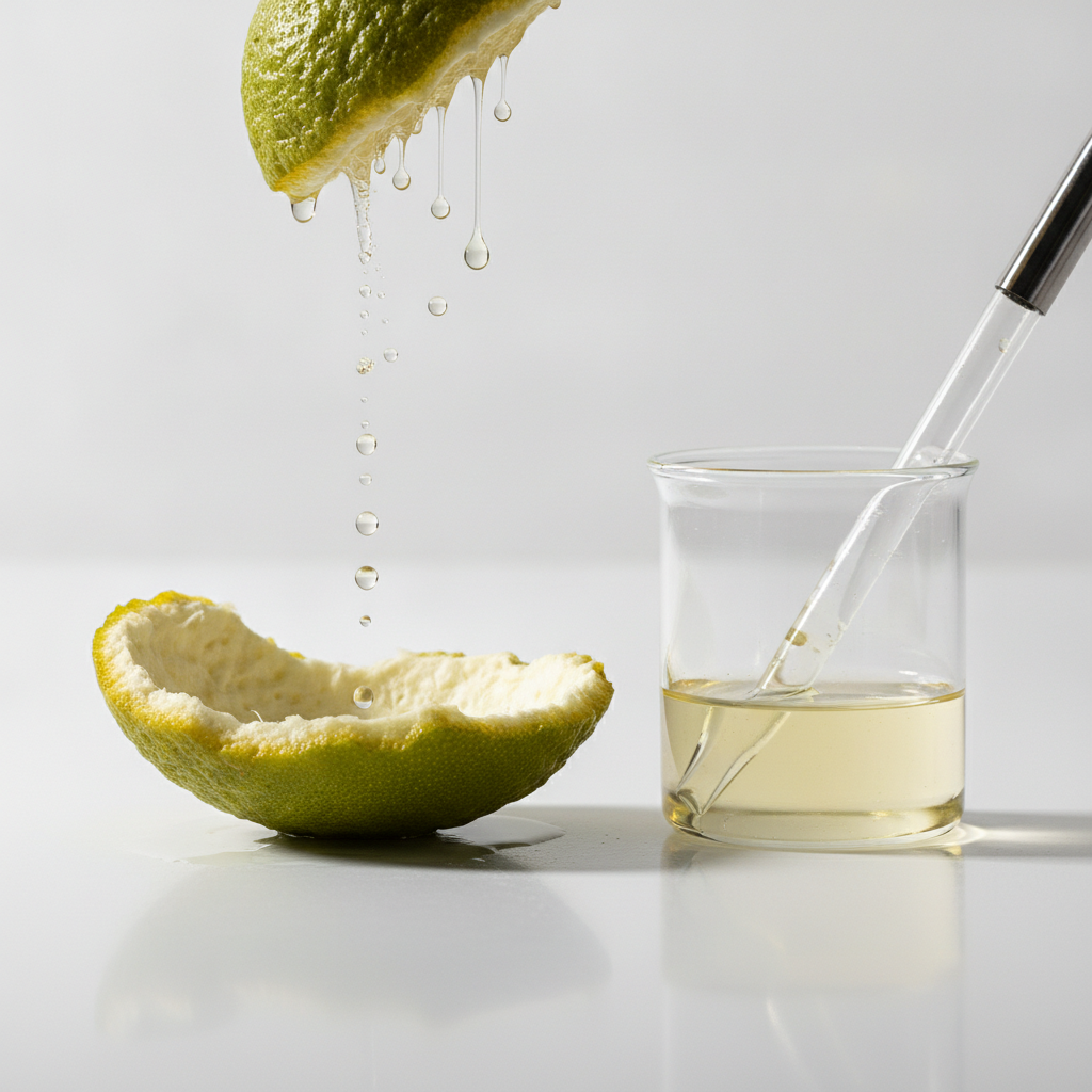 Close-up of citrus bergamot peel and pipette showing top-note fragrance ingredients in action