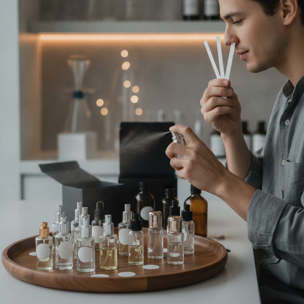 Testing fragrance on blotter strips beside vials to compare note families and dry-downs