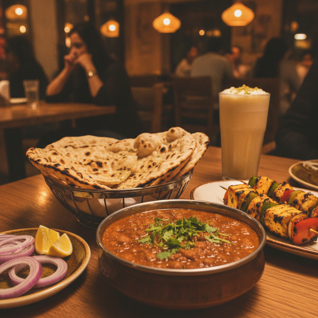 Basket of tandoor roti with Amritsari chole, paneer tikka, onions, lemon, and sweet lassi on a warm Brampton table