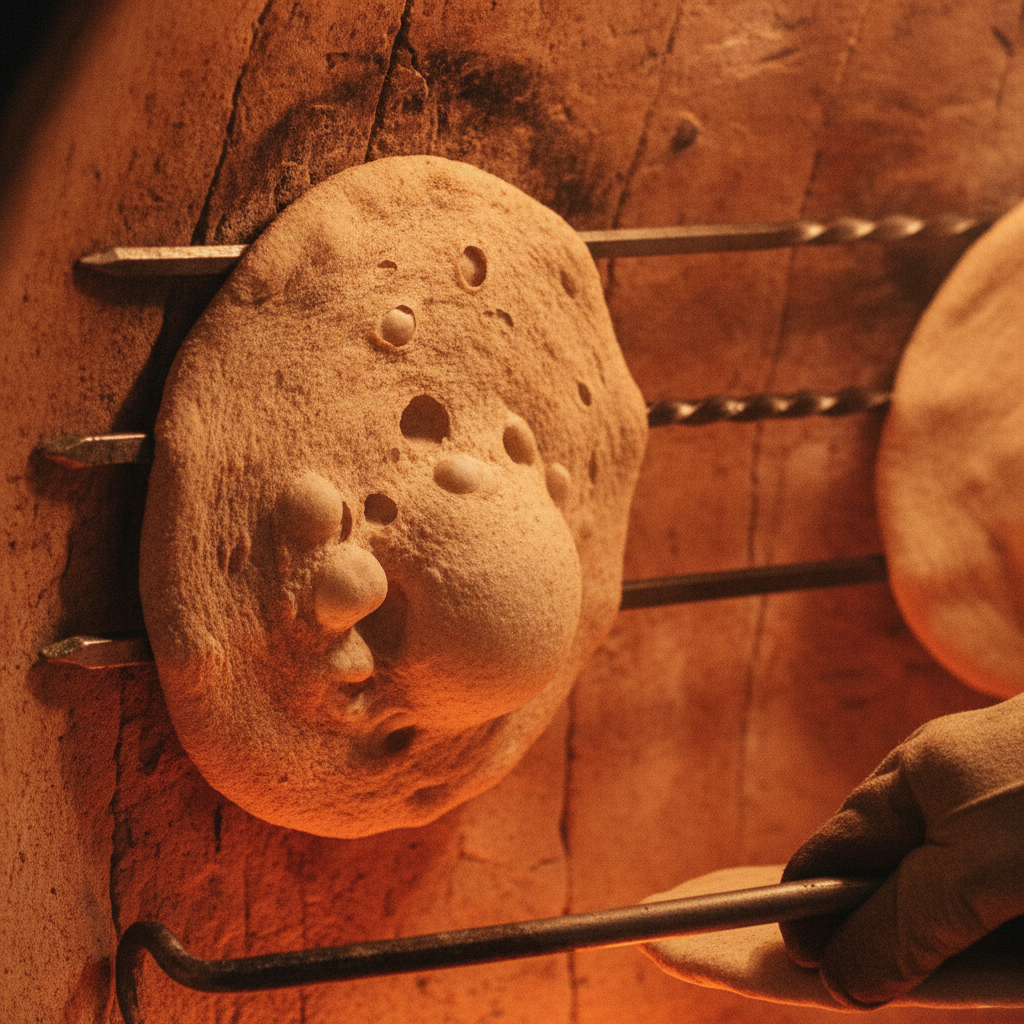 Tandoor roti dough puffing on a hot clay wall with char blisters and a soft center