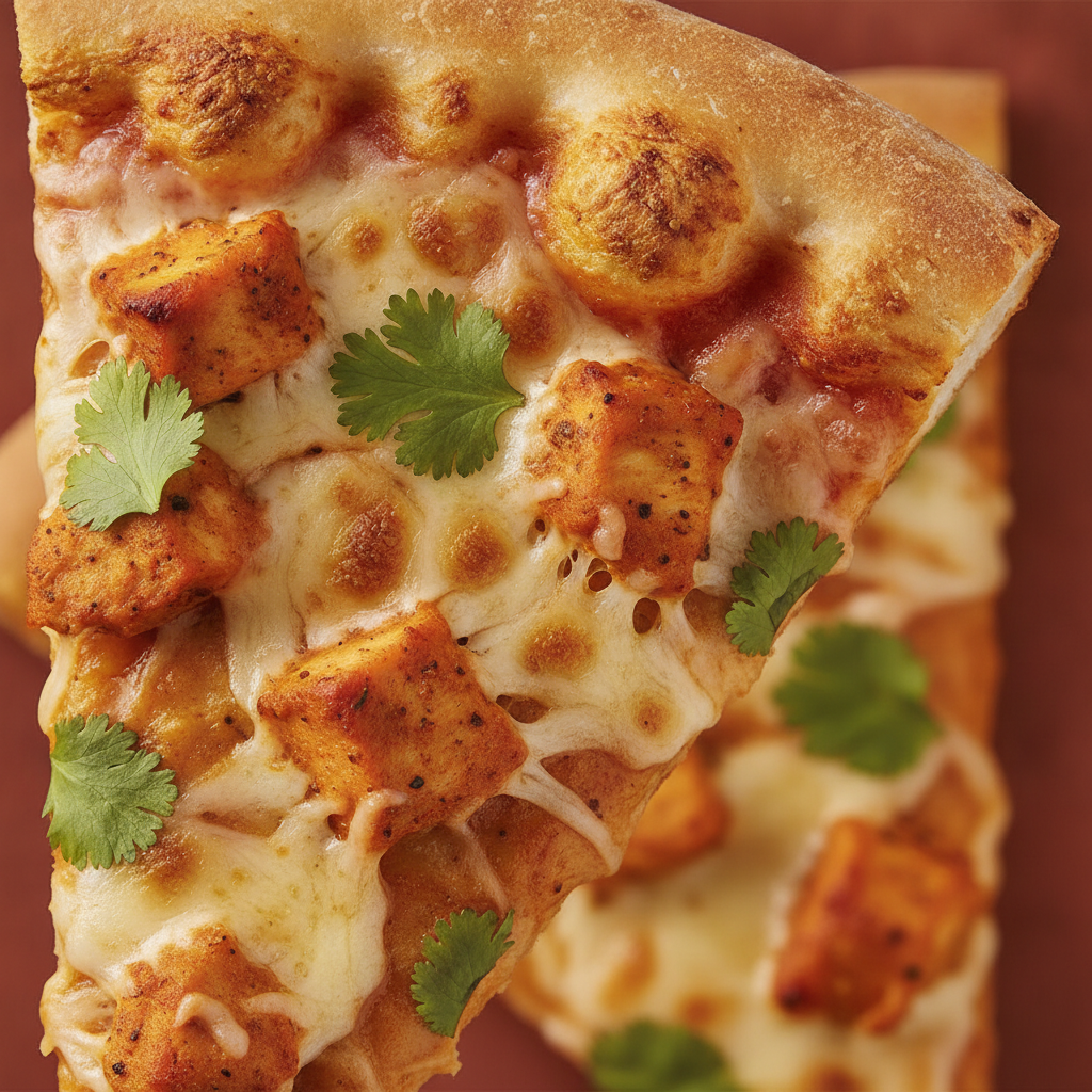 Close-up of Milano’s Butter Chicken Pizza slice showing creamy sauce and charred edges on the Italian menu in Kemptville