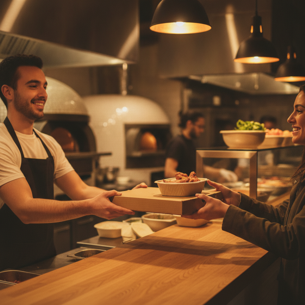 Warm, candid takeout handoff at a local pizzeria counter, reflecting Milano’s fast pickup and delivery for Kemptville
