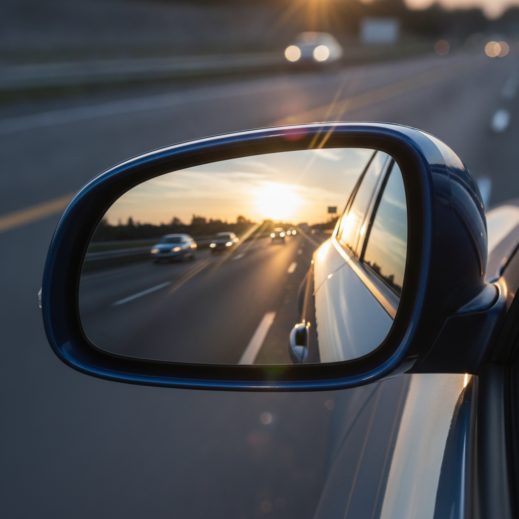 Ontario car insurance detail: side mirror close-up reflecting Whitby traffic, symbolizing coverage checks and savings steps