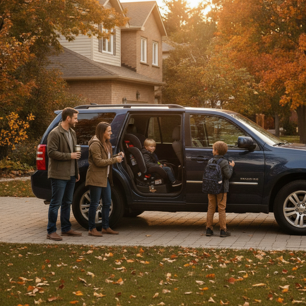 Family entering SUV in Whitby at golden hour, representing safe driving and bundled auto plus home insurance