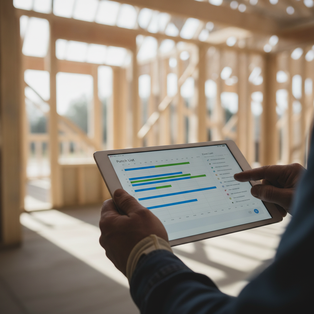 Close-up of a residential construction project manager reviewing a build schedule and punch list on a tablet at a custom home site