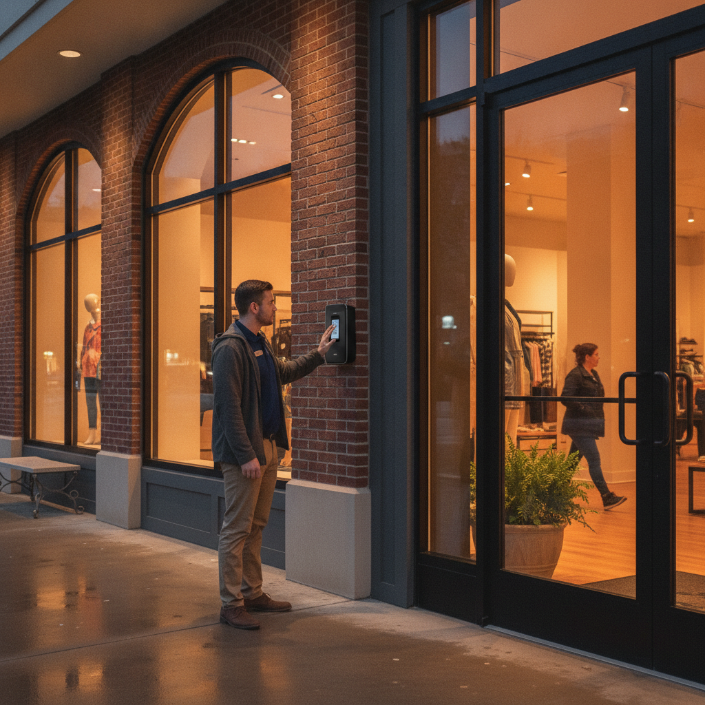 Employee tapping a mobile credential at an exterior reader beside a storefront door during an access control install