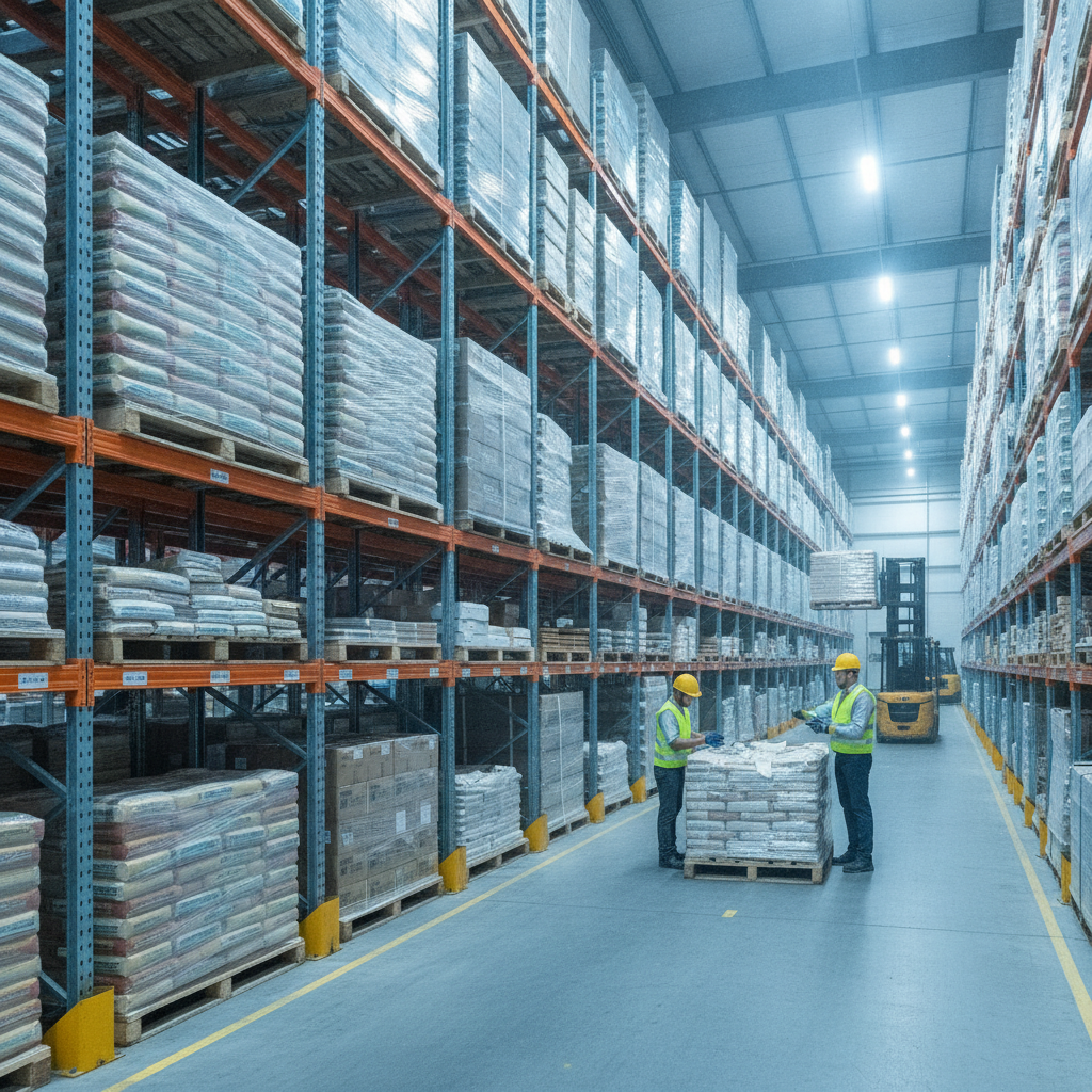 Logistics warehouse aisle with pallets of building materials, illustrating supplier coordination for residential construction project management