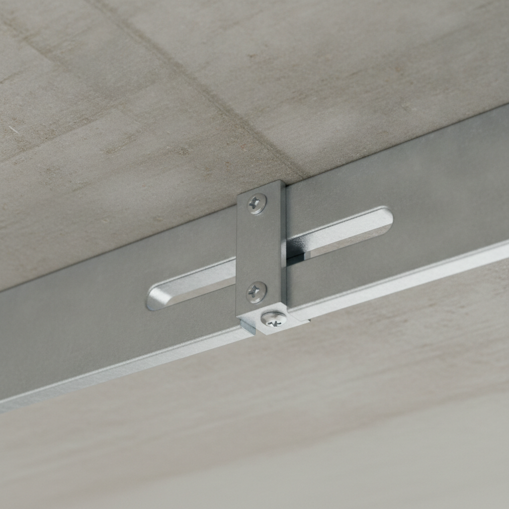 Close-up of slotted deflection track with stud showing proper slip gap for metal stud wall framing details
