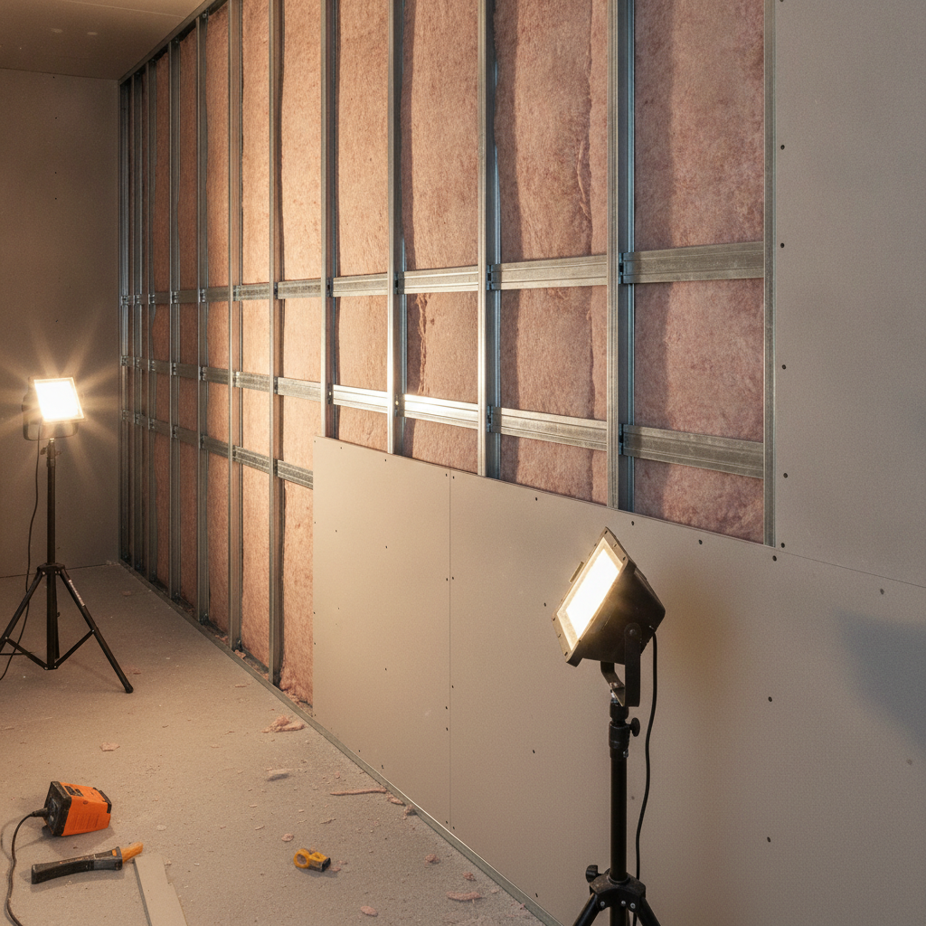 Resilient channel over steel studs with mineral wool in an acoustic partition built with metal stud wall framing details