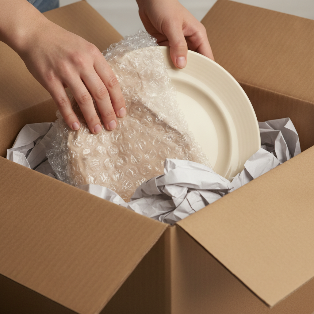Close-up of professional packing technique wrapping plates with bubble wrap for Ottawa move