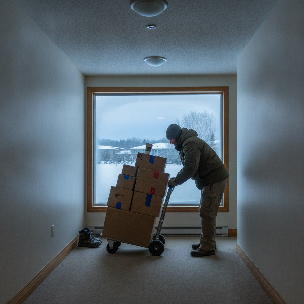 Winter hallway in Ottawa with stacked moving boxes and mover preparing to load