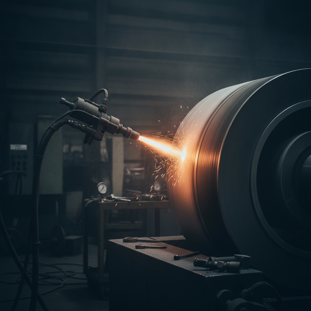 Pulsed HVOF thermospray gun applying a dense coating to a large steel roller, with visible plume