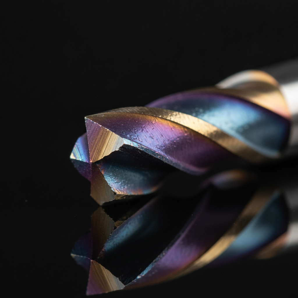 Macro detail of PVD tool coating on a carbide end mill, showing interference colors and preserved edge sharpness