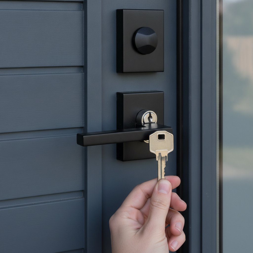 Close-up key in modern front door lock symbolising a decisive Edmonton affordable home purchase