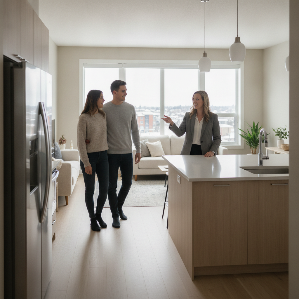 Edmonton buyers touring a bright open-concept home with a REALTOR®, applying practical search tips