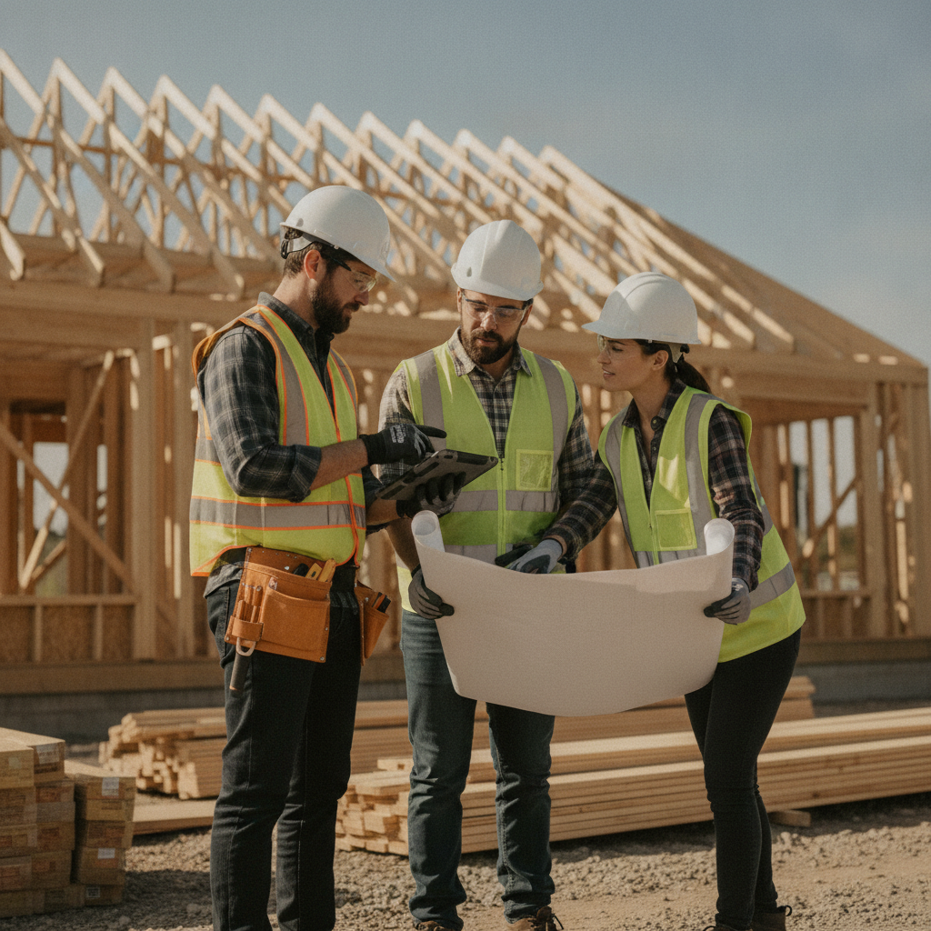 Project manager coordinating custom home construction on site, reviewing plans and sequencing with trades for a tailored build