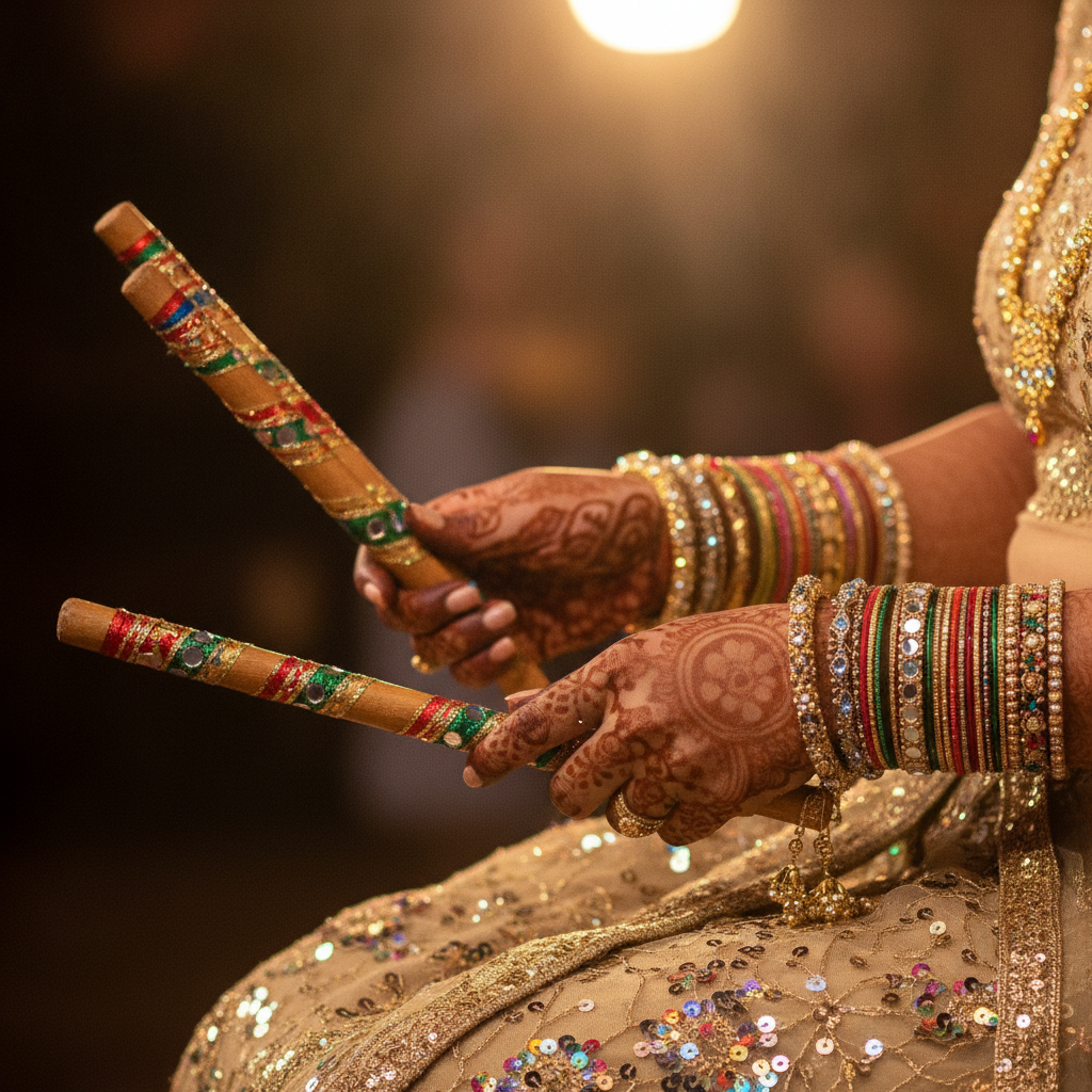 Close-up of dandiya sticks held by henna-adorned hands, perfect for sangeet entertainment in Greater London