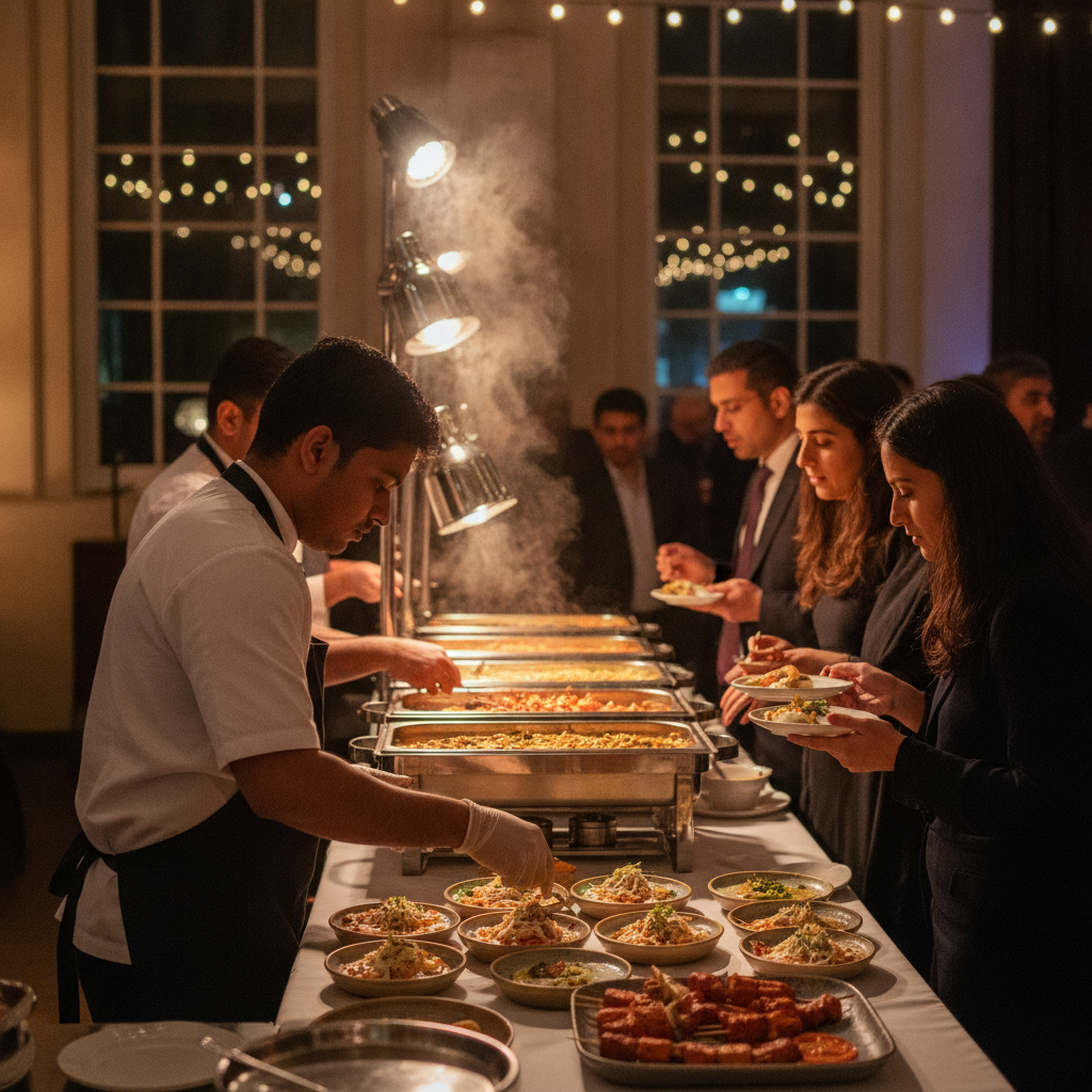 Live chaat station plating at a London sangeet night