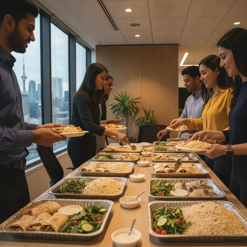 Office catering in Toronto with shawarma wraps, salads, rice, and sauces arranged for a team lunch