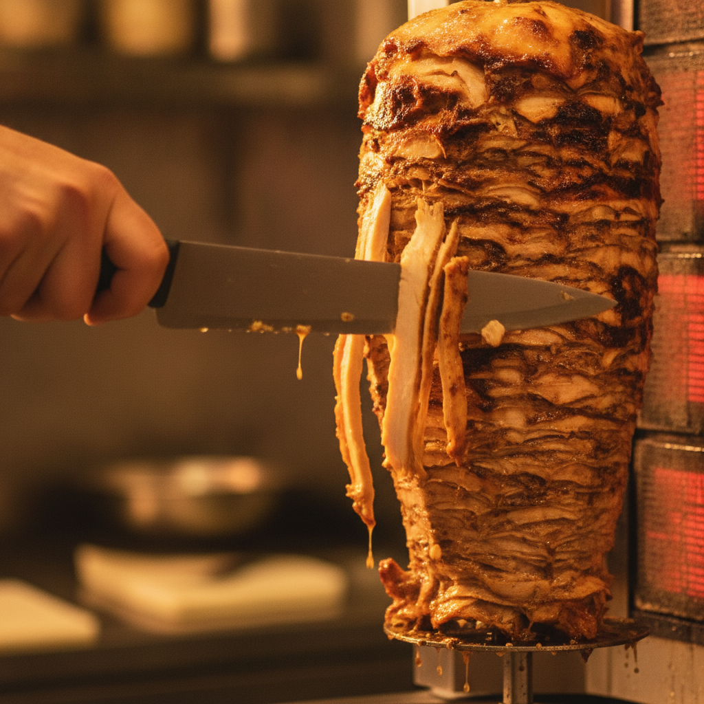 Close-up of halal chicken shawarma carved for Toronto party catering with garlicky sauce and crispy edges