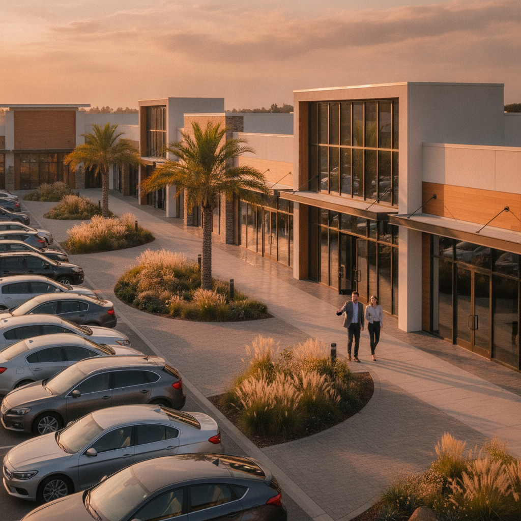 Exterior view of a modern retail plaza as a commercial real estate investment target