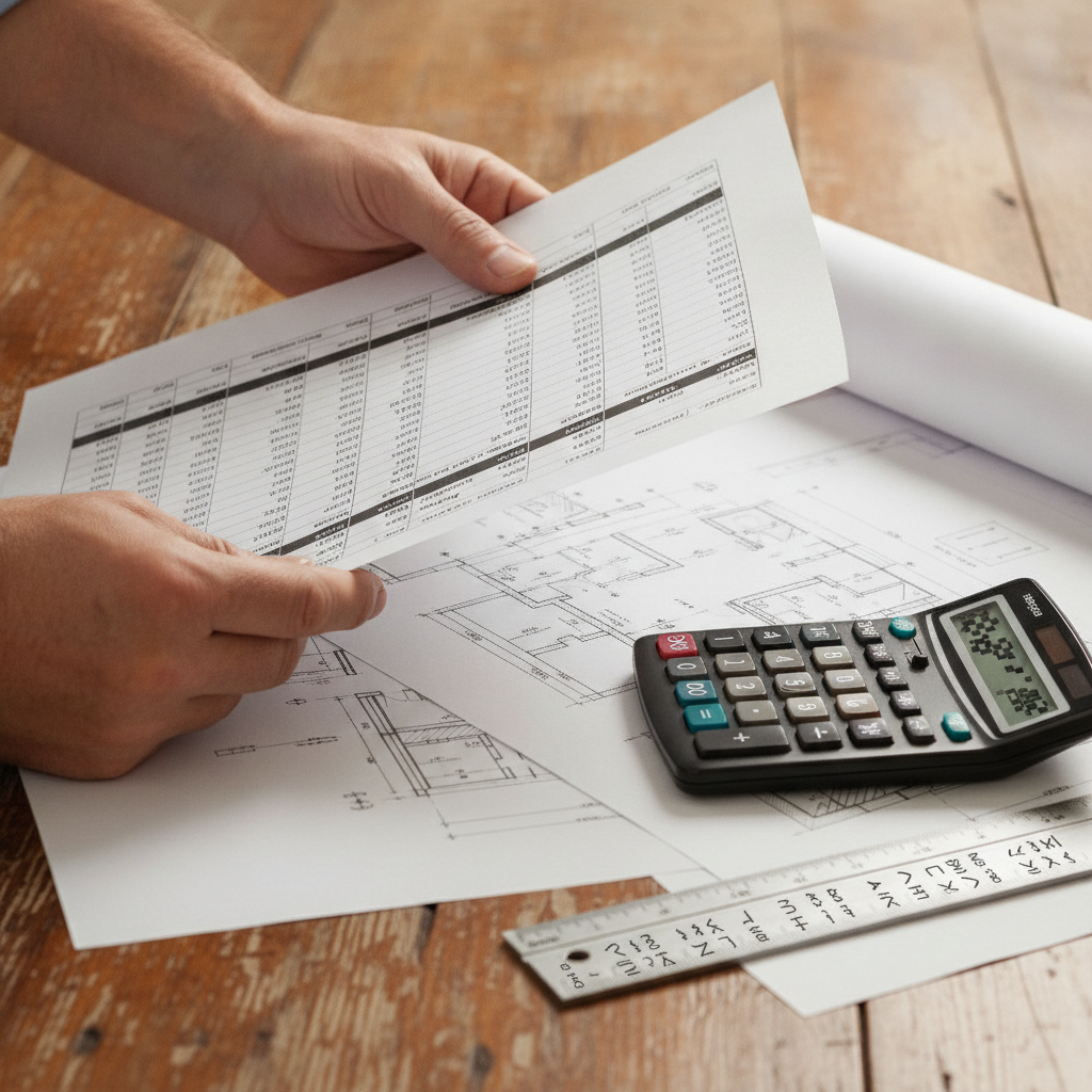 Close-up of a commercial real estate broker reviewing a pro forma and blueprint during underwriting
