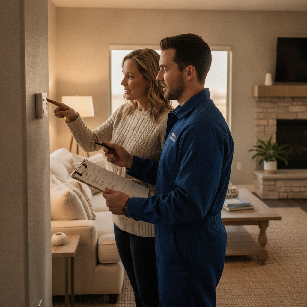 HVAC technician reviewing thermostat settings with a Mississauga homeowner during furnace service