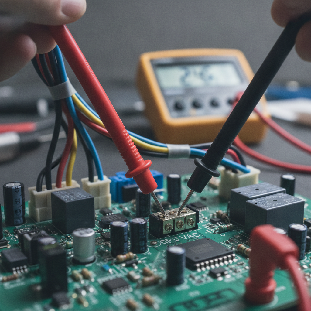 Close-up multimeter test on a furnace control board during Mississauga furnace repair