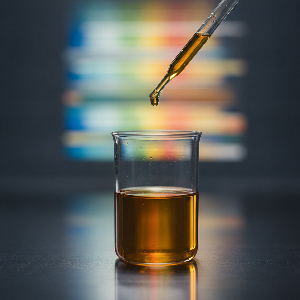 Close-up lab quality control of a botanical extract beaker with pipette, illustrating standardized actives and validated testing for botanical extract sourcing