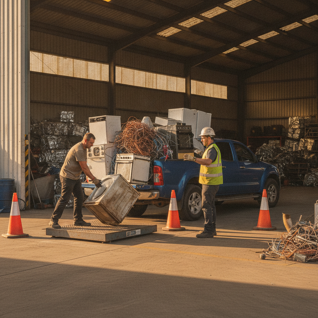Customer unloading appliances and mixed metals at an Etobicoke scrap yard drop-off bay for efficient processing and accurate scrap yard prices