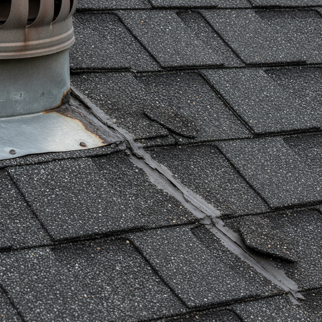 House roof inspection close-up of asphalt shingles with lifted edges and granule loss near flashing