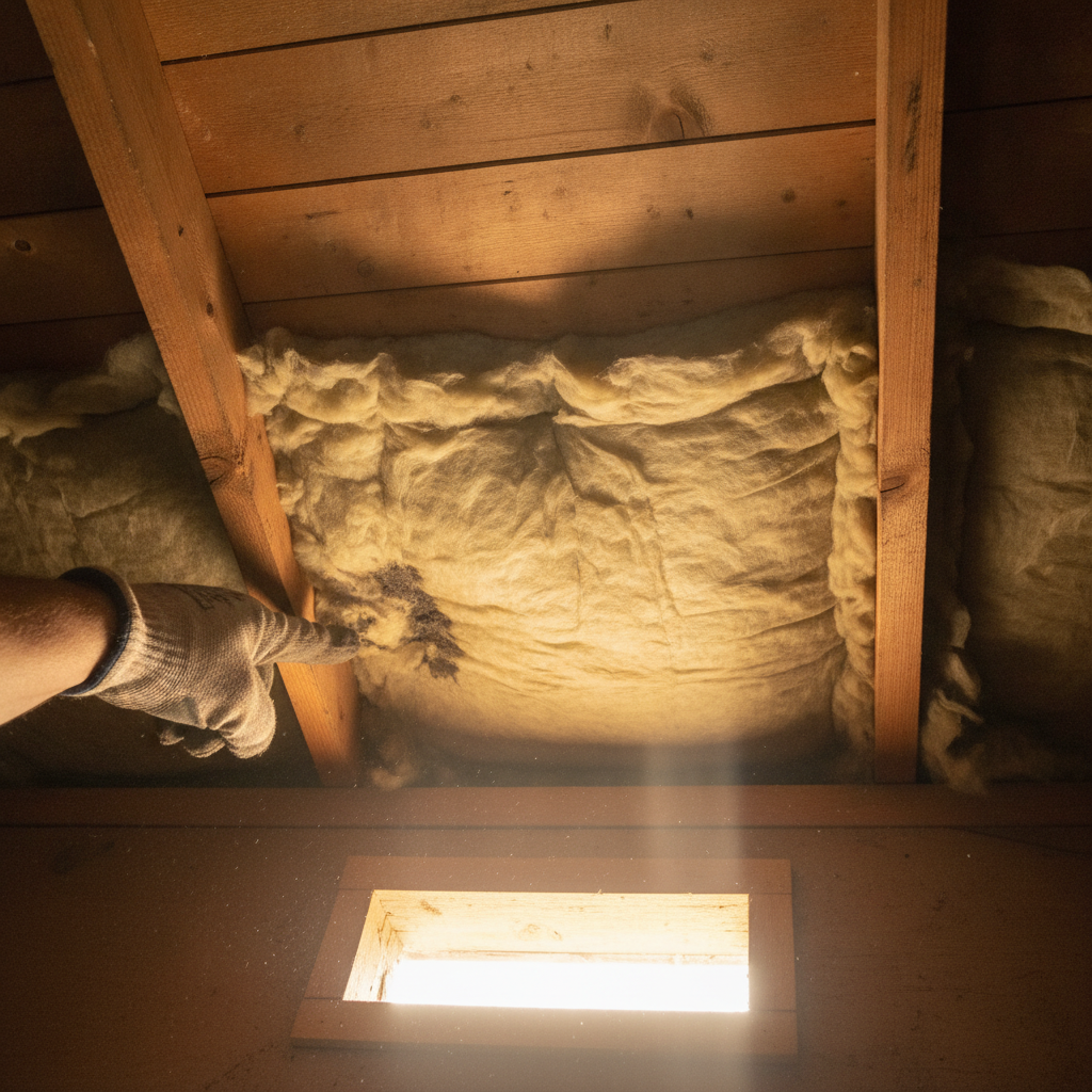 Attic inspection photo showing insulation depth, soffit daylight, and light moisture staining on sheathing